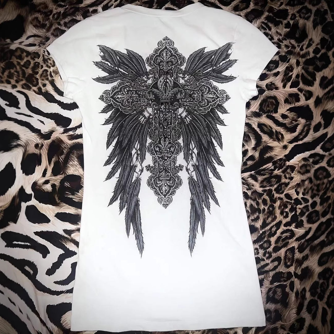 Damen V-Ausschnitt T-Shirt mit kunstvollem Kreuzdesign Drune