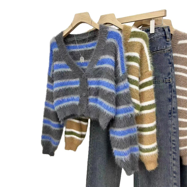 Damen lässiger Crop-Cardigan mit strukturiertem Streifenmuster und Knopfdetails Drune