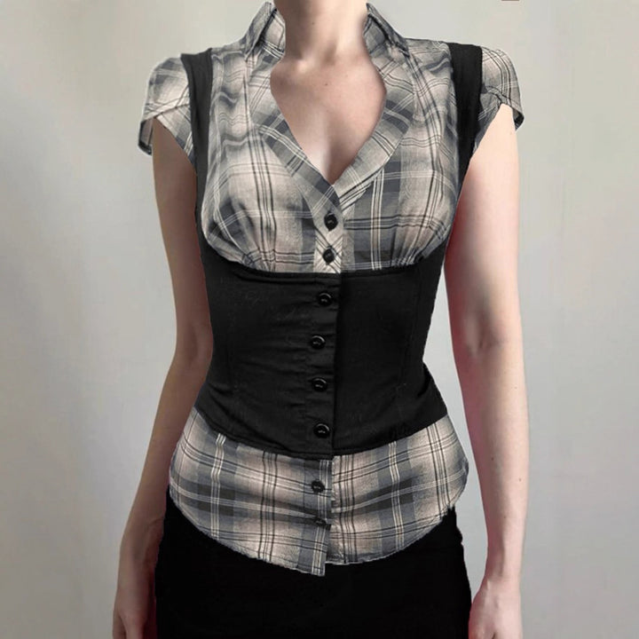 Damen karierte Bluse mit figurbetonendem Schnitt und stylishen Akzenten Drune