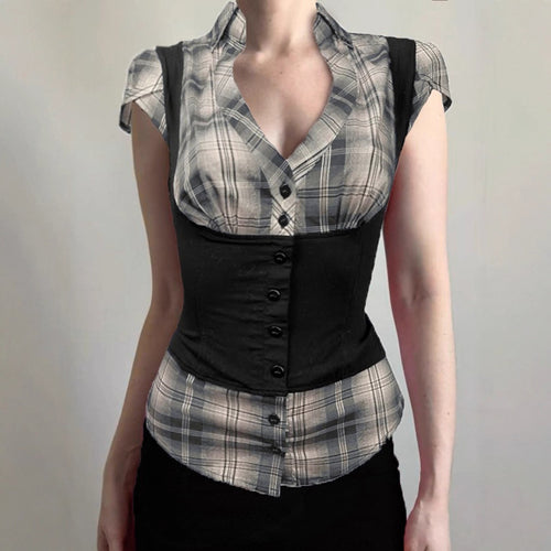 Damen karierte Bluse mit figurbetonendem Schnitt und stylishen Akzenten Drune
