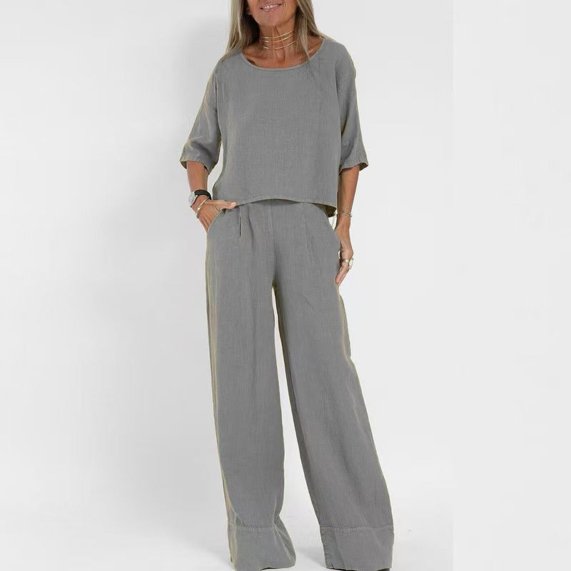 Damen luftiges Leinen-Ensemble mit weitem Schnitt und praktischen Taschen Drune