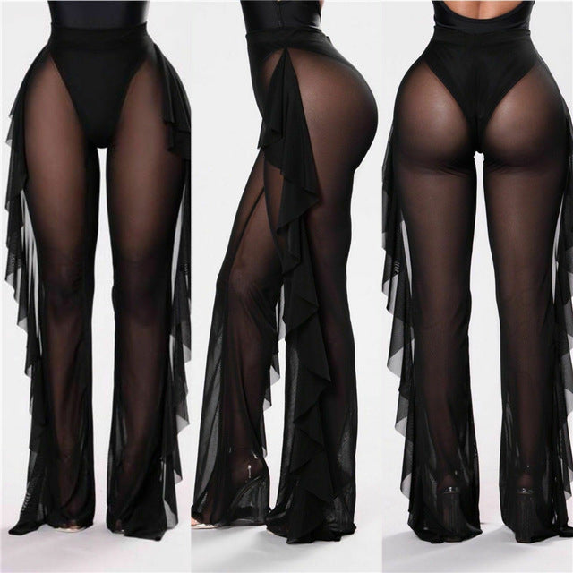 Damen Elegante und luftige Transparent-Hose mit Rüschendetails Drune