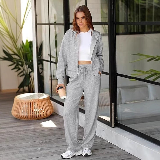 Damen nan Casual-Lounge-Set mit taillierter Zip-Kapuzenjacke, Kordelzug und weitem Palazzo-Jogger Drune