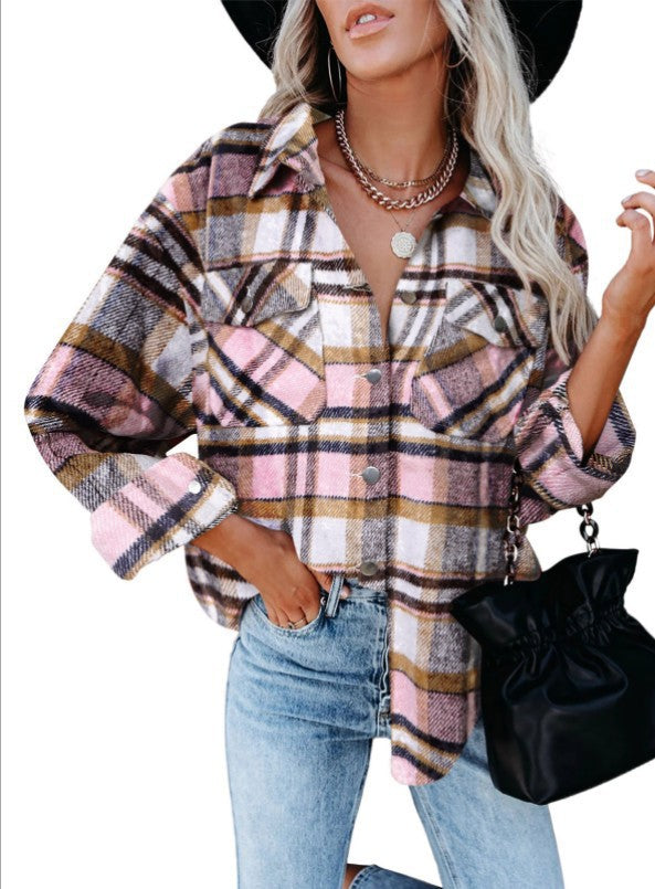 Damen Karierter Overshirt mit Knöpfen und Brusttaschen Drune