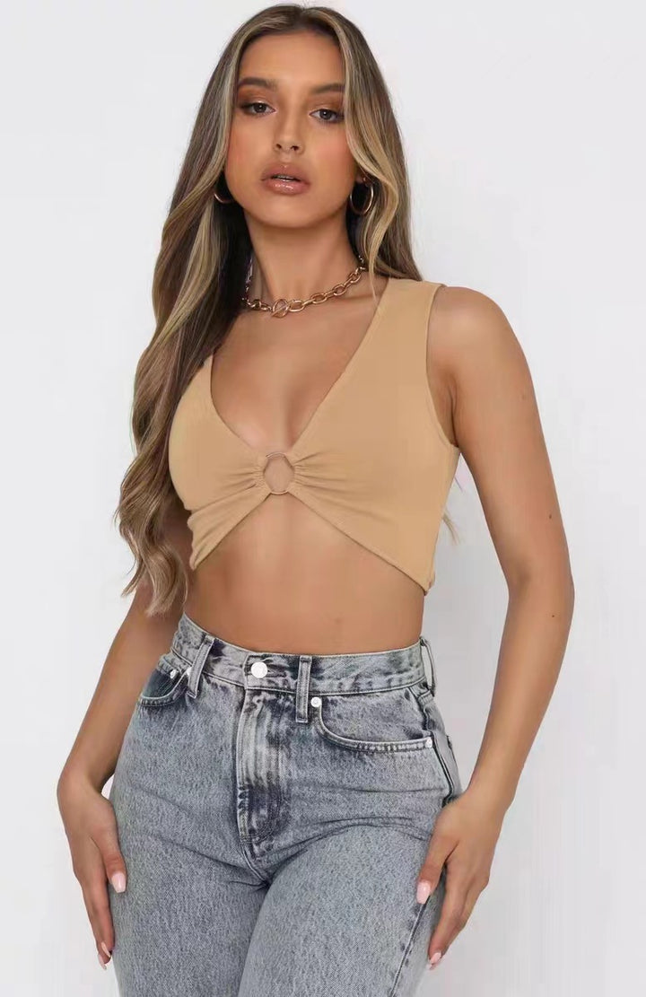Damen Crop-Top mit tiefem V-Ausschnitt und dekorativem Ringdetail Drune