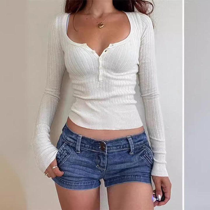 Damen figurbetontes Langarmoberteil mit elegantem Rippstrukturdesign Drune