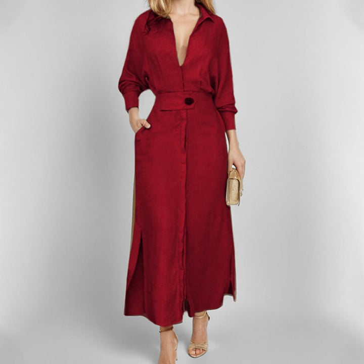 Damen Hemdkleid mit Taillengürtel und seitlichen Schlitzen Drune