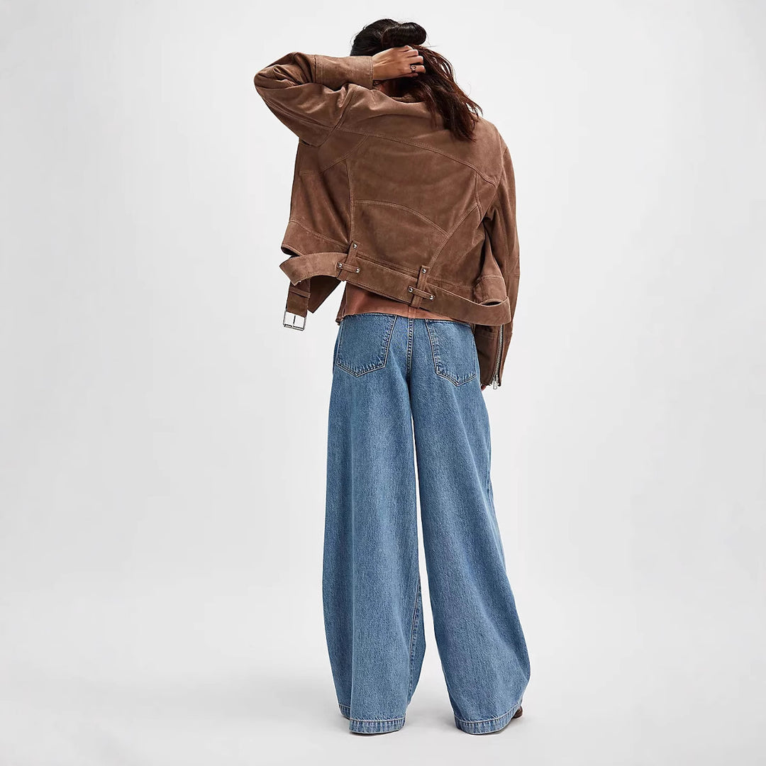 Damen nan hochgeschnittene Denim-Palazzohose mit markanten Bundfalten und extra weitem Bein Drune