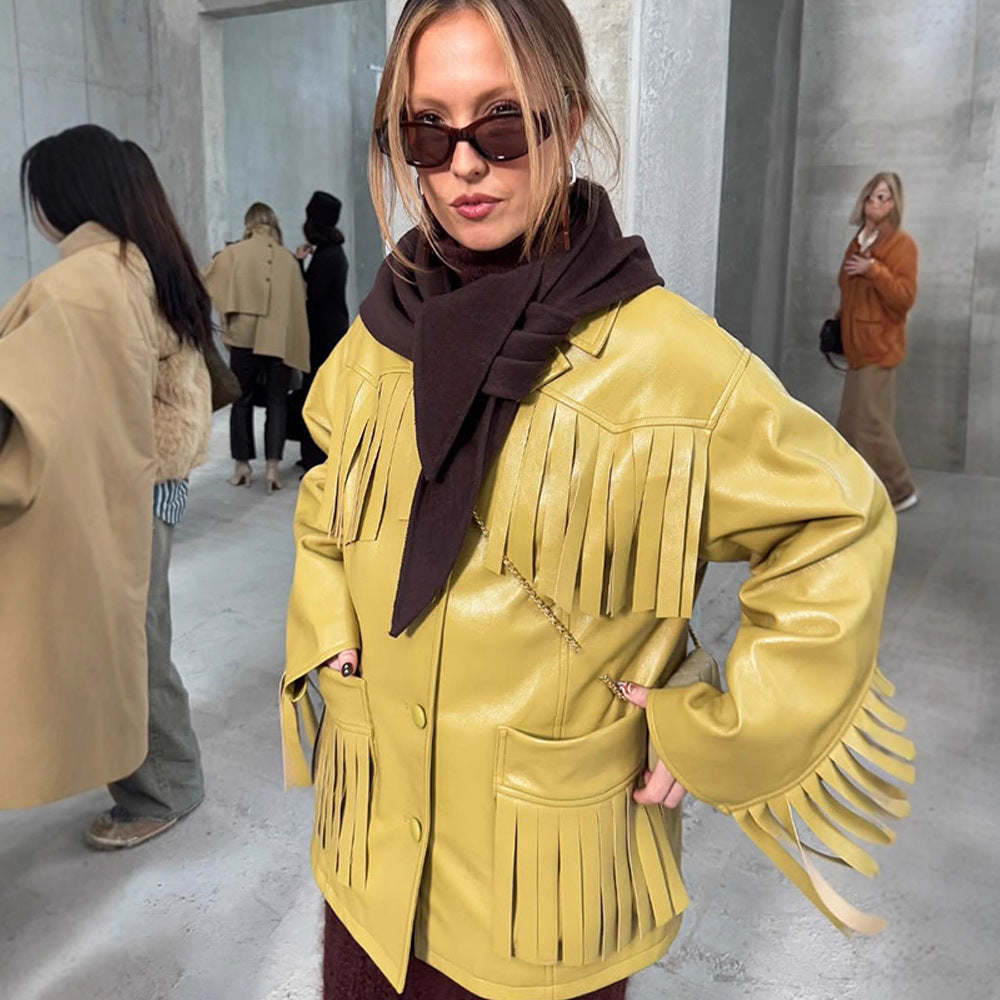 Damen Kunstlederjacke mit Fransen und praktischen Taschen Drune