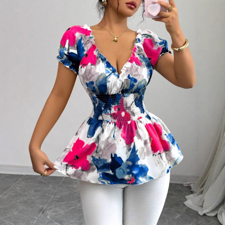 Damen Bluse mit floralen Rüschen und elastischem Taillenbund Drune