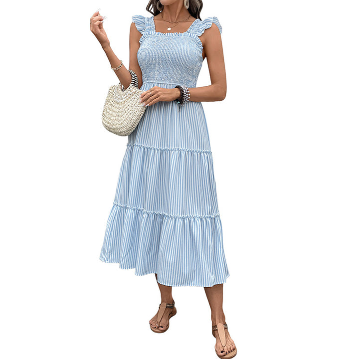 Damen gestreiftes Maxikleid mit Rüschenträgern und fließendem Schnitt Drune