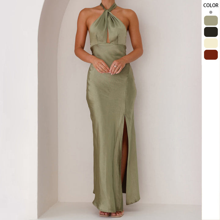 Damen Elegantes Wickelmaxikleid im Halterneck-Stil mit seitlichem Schlitz und Taillengürtel Drune