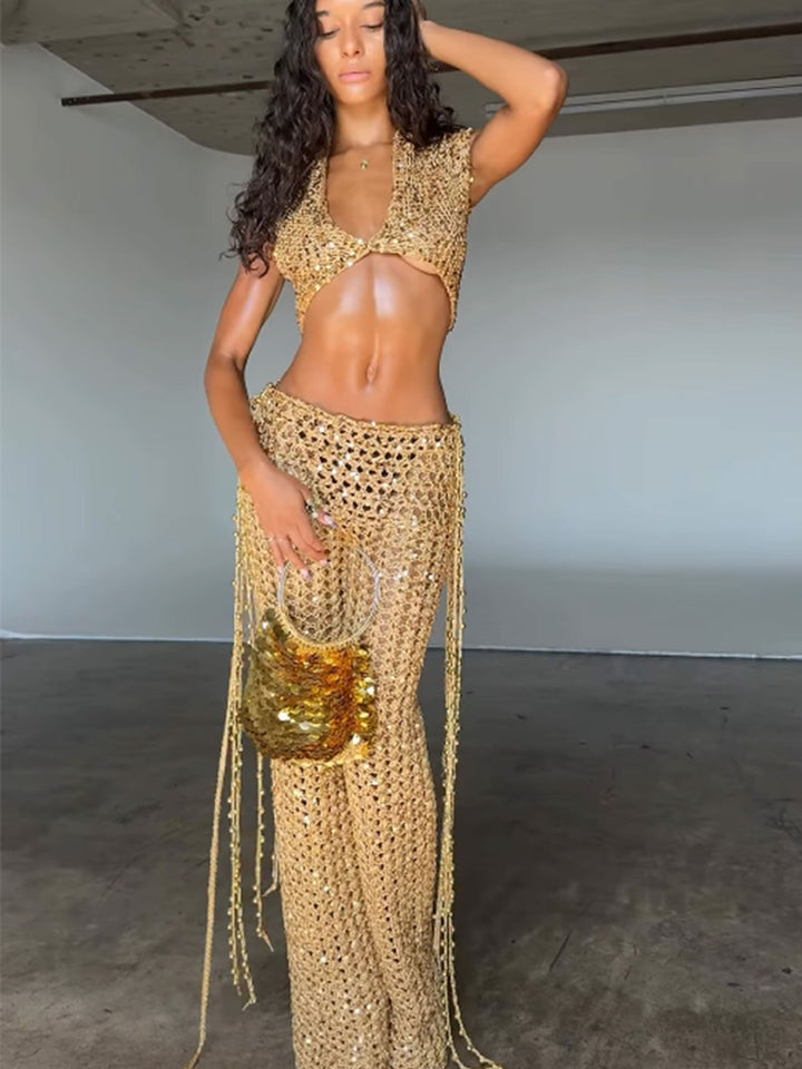Damen Knöchellanges Glitzer-Overfit-Set mit funkelnden Details und fließendem Design Drune