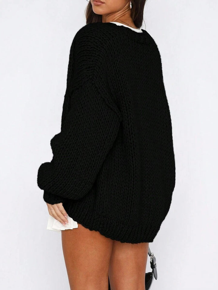 Damen Grobstrick Cardigan mit voluminösen Ärmeln und tiefem V-Ausschnitt Drune