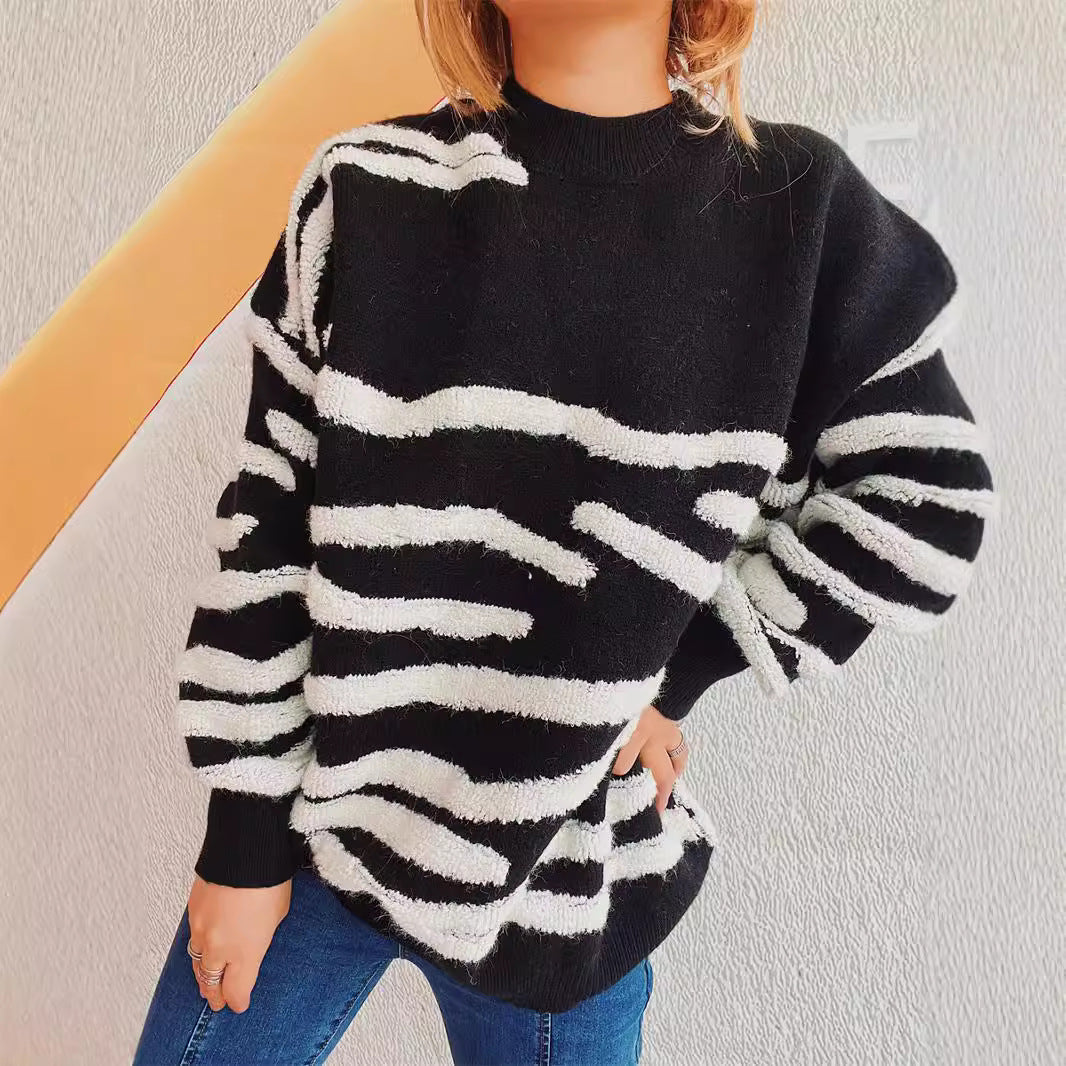 Damen lässiger Strickpullover mit modernem Zebrastreifenmuster Drune
