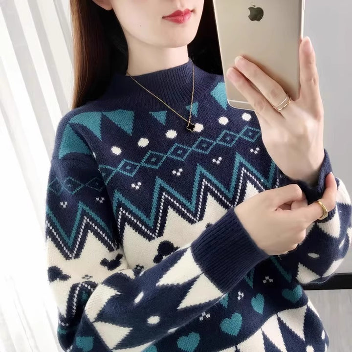 Damen festlicher Strickpullover im modernen Weihnachtsdesign mit geometrischem Muster und komfortablem Rundhalsausschnitt Drune