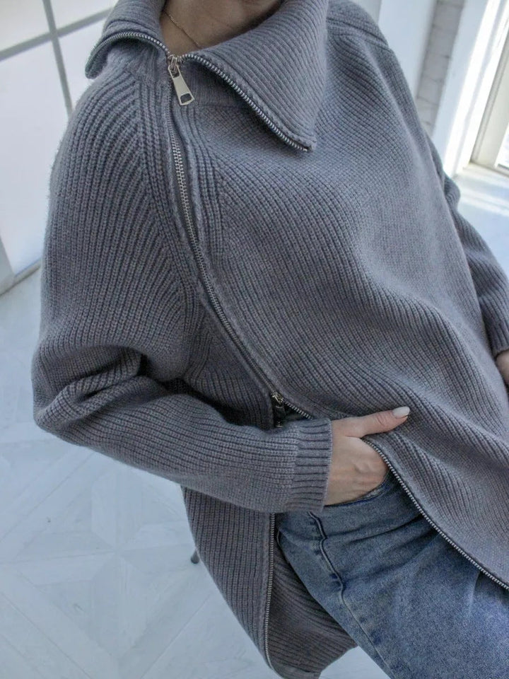 Drune | Pullover Sweater - Oversized Fit - Rippstrick - Asymmetrischer Reißverschluss - Großer Kragen