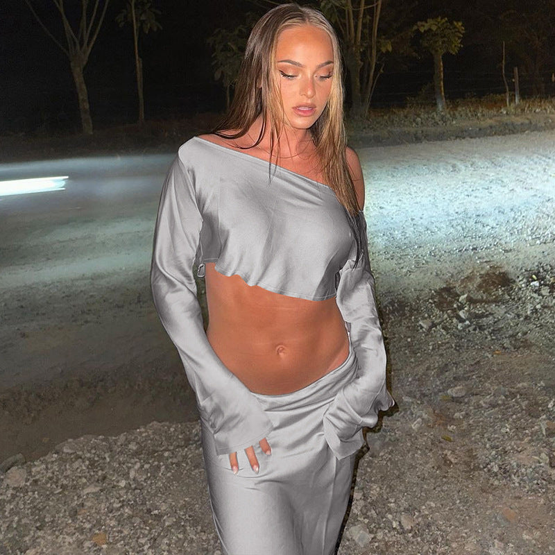 Damen Asymmetrisches Crop-Top mit langem Arm und fließendem Rock Drune