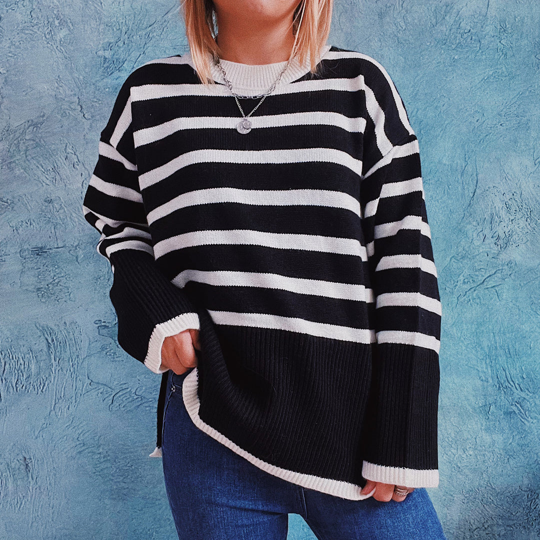 Damen lässiger Strickpullover mit modernem Streifenmuster und feiner Rippstruktur Drune