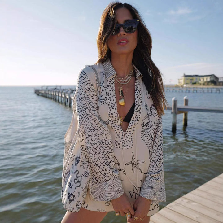 Damen Strandtunika mit kreativen Printmotiven Drune