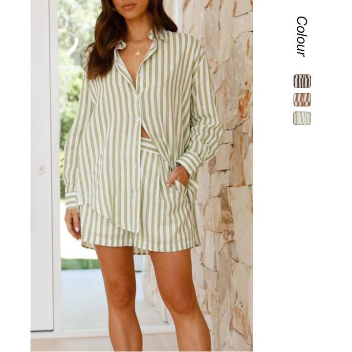 Damen Gestreiftes Kurzarm-Hemd und Shorts Set Drune