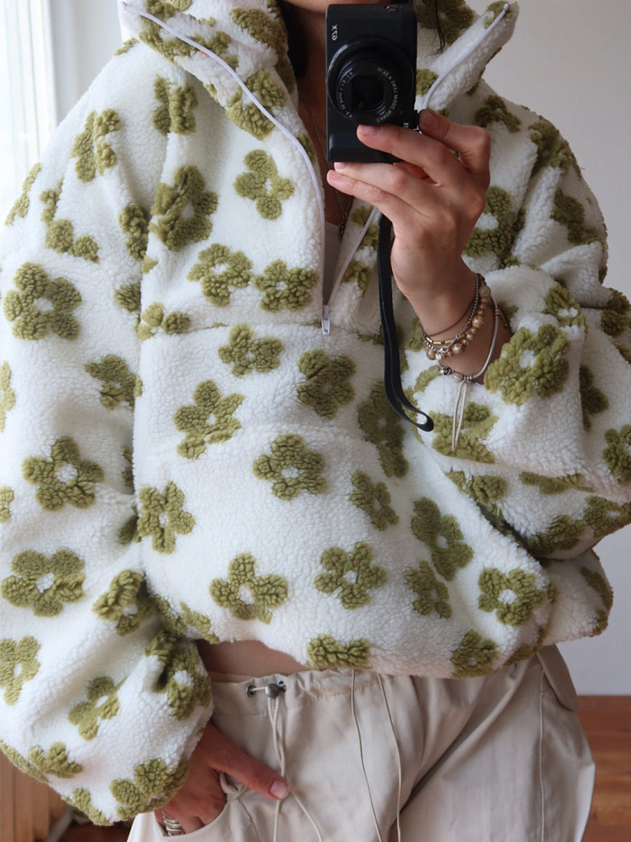 Damen lässiger Pullover mit Blumenmuster aus weichem Teddy-Stoff Drune