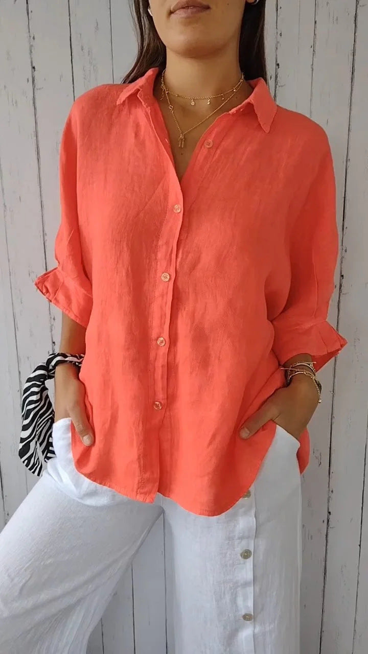 Damen lässige Bluse aus Leinen mit Knopfleiste und seitlichen Taschen Drune