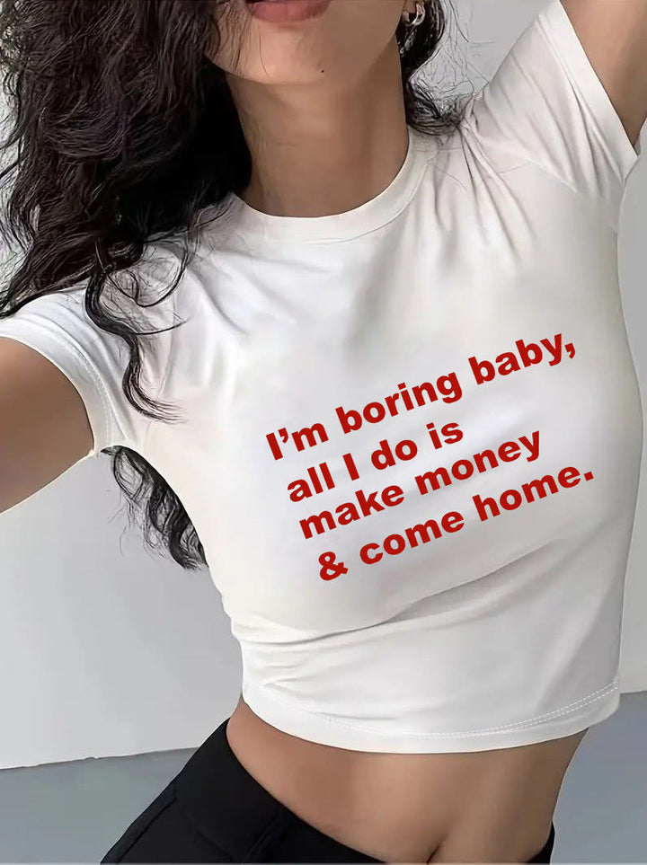 Damen Crop-T-Shirt mit kreativem Motiv und figurbetontem Schnitt Drune