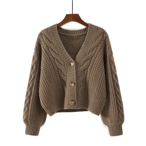 Damen kuschelige Strickjacke mit Zopfmuster und Knopfverschluss Drune