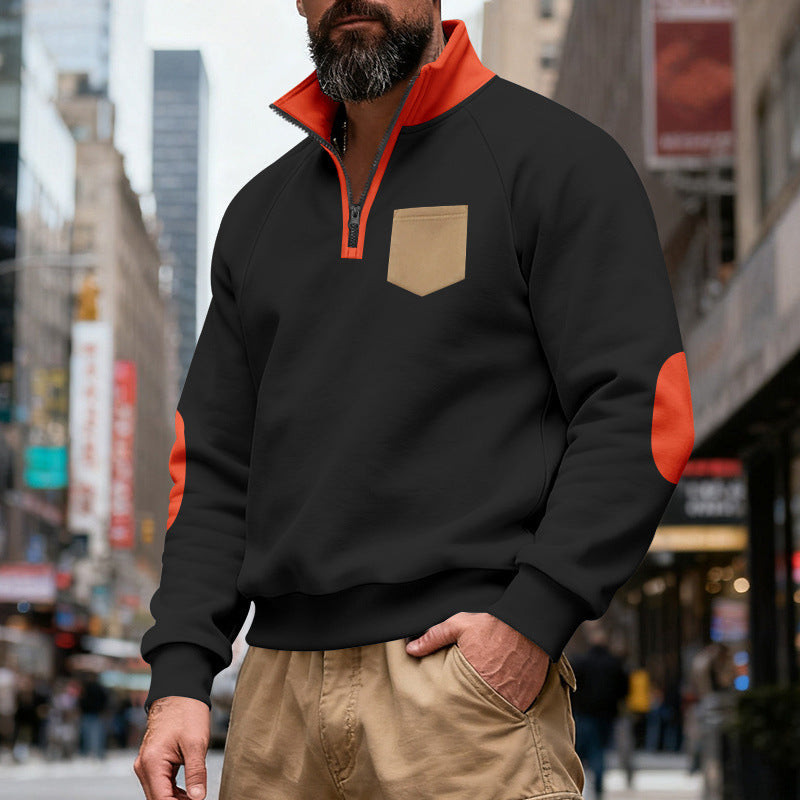 Herren nan Quarterzip-Sweatshirt mit Stehkragen, kontrastiertem Reißverschluss, Ellbogenpatches und Brusttasche Drune