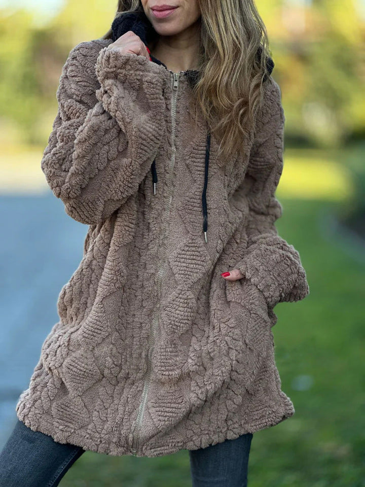 Drune | Lange Weinlese Kapuzen Fell Reißverschluss Gestrickte Jacke