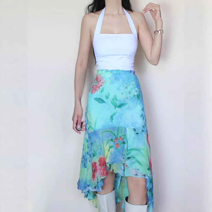 Damen asymmetrischer Rüschenrock aus floralem Chiffon Drune