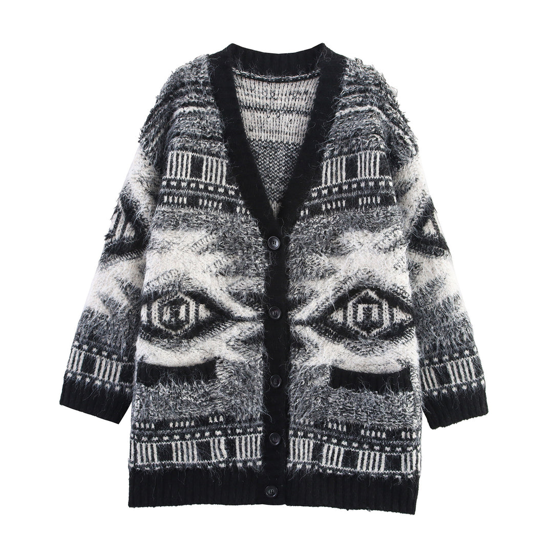 Damen Gemusterter Langarm-Cardigan mit Knopfleiste Drune