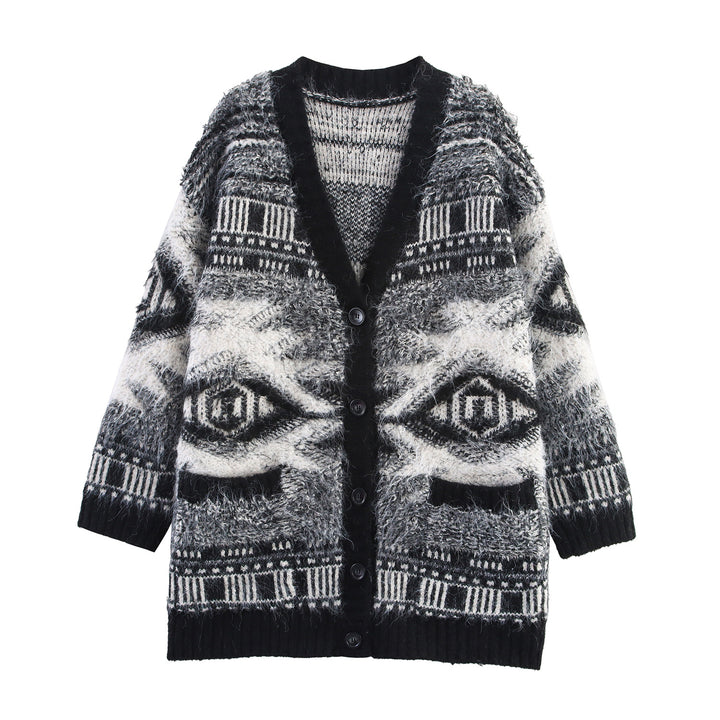 Damen Gemusterter Langarm-Cardigan mit Knopfleiste Drune