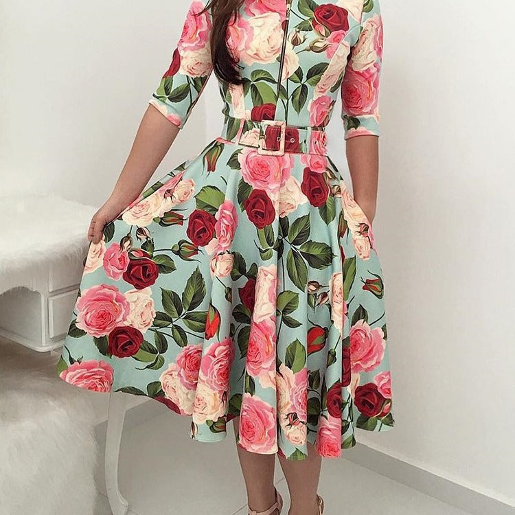 Damen Midikleid mit floralem Druck und Taillengürtel Drune