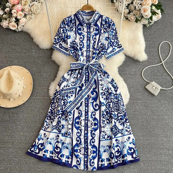 Damen Hemdkleid mit floralem Druck und taillierbarem Bindegürtel Drune