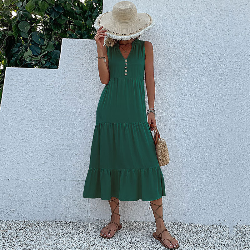 Damen luftiges Maxikleid mit Knopfdetails und Rüschensaum Drune