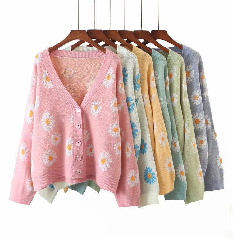 Damen Strickjacke mit floralem Design und V-Ausschnitt Drune