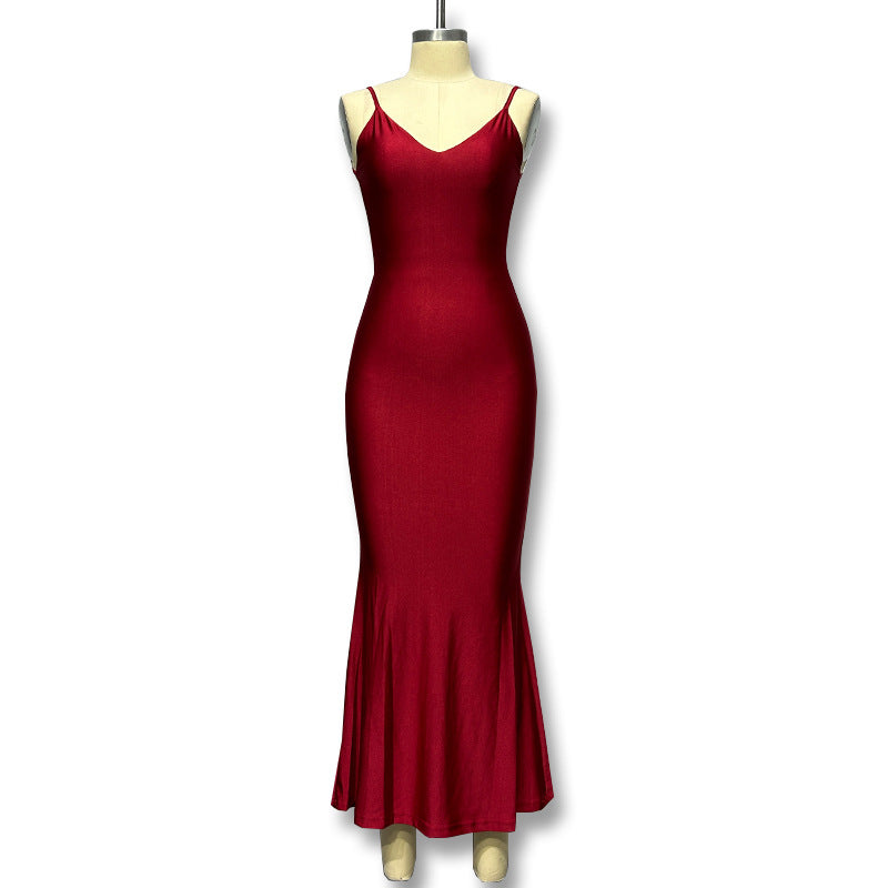 Damen figurbetontes Maxikleid mit tiefem V-Ausschnitt und einem eleganten Materialmix Drune