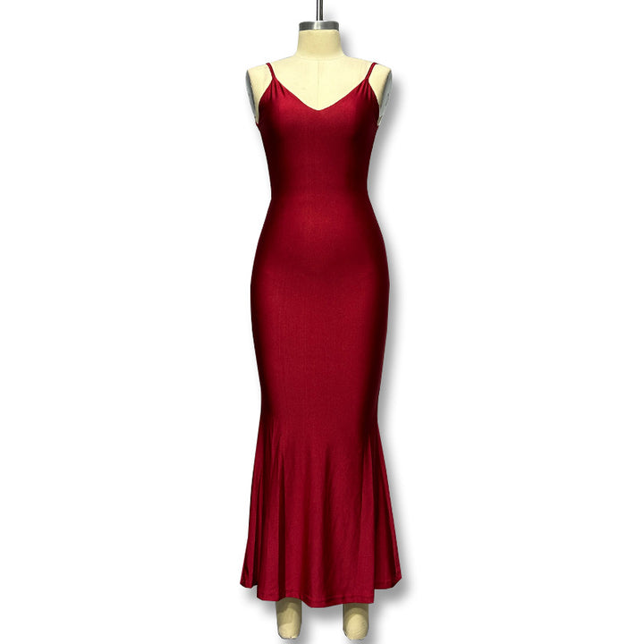 Damen figurbetontes Maxikleid mit tiefem V-Ausschnitt und einem eleganten Materialmix Drune