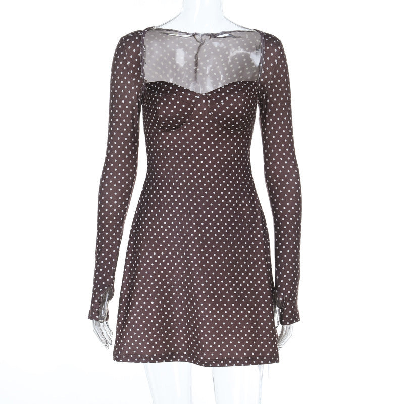 Damen verspieltes Polka-Dot-Kleid mit transparentem Oberteil und langen Ärmeln Drune
