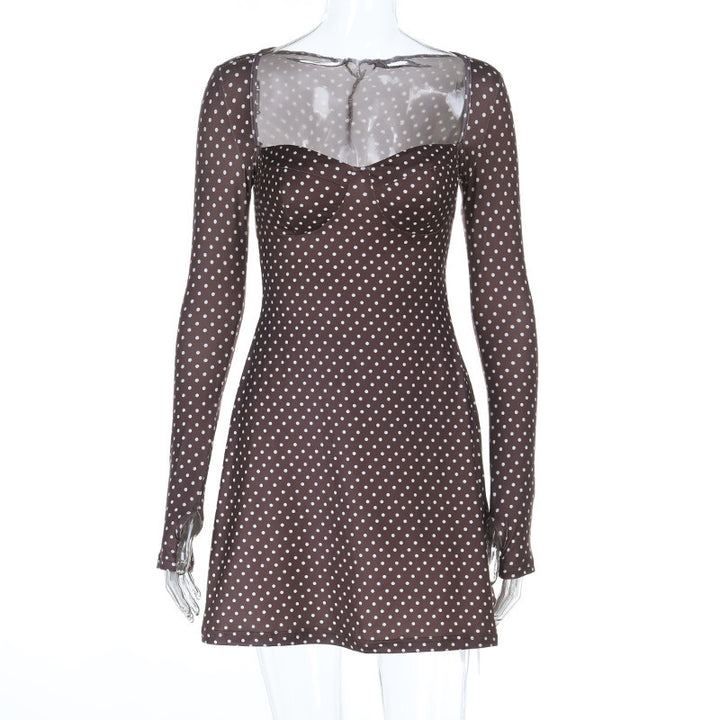 Damen verspieltes Polka-Dot-Kleid mit transparentem Oberteil und langen Ärmeln Drune