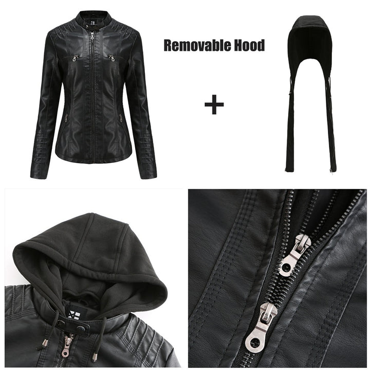 Damen nan taillierte Kunstlederjacke mit Kapuze, gesteppter Armblende und verdeckten Reißverschlusstaschen Drune