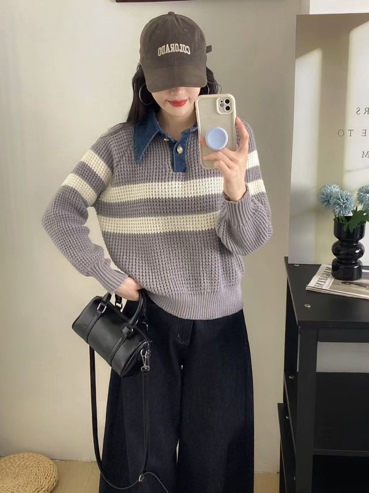Damen lässiger Strickpullover mit Kragen und gestreiftem Design Drune