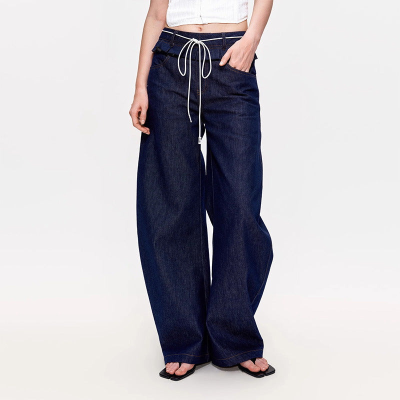 Damen weite Denim-Hose mit hoch geschnittenem Bund und modischen Falten Drune