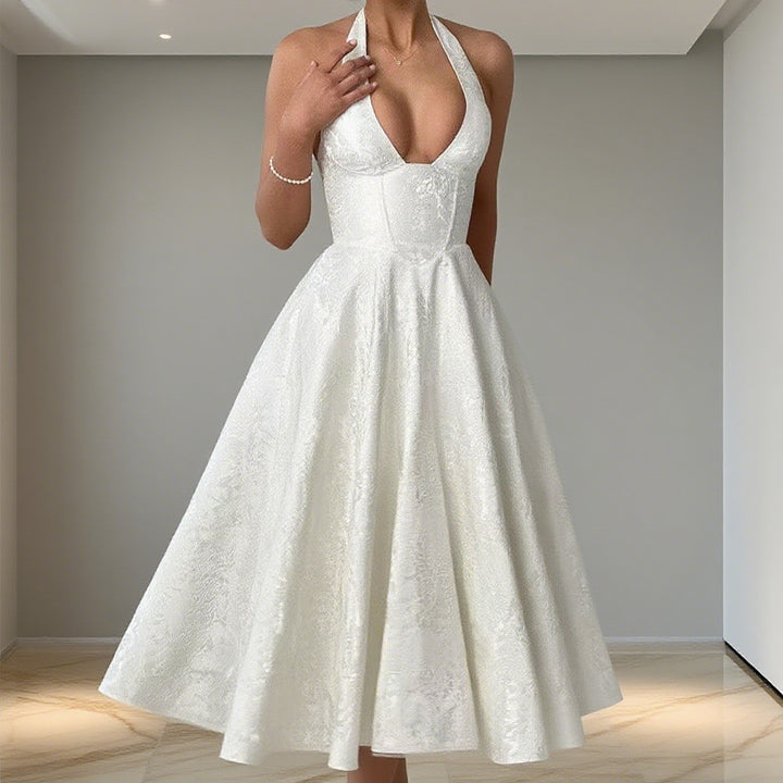 Damen Elegantes Hochzeitskleid mit schwingendem Rock und tiefem V-Ausschnitt Drune