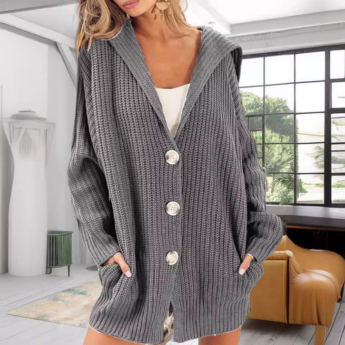 Damen Strickjacke mit Kapuze und großen Taschen Drune