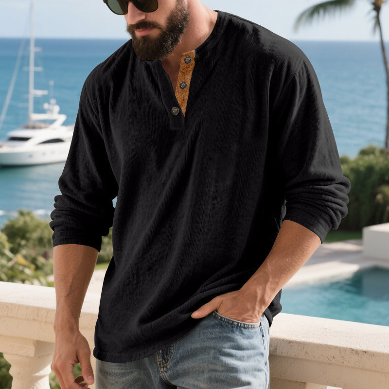 Herren Langarm-Henley-Shirt mit strukturiertem Material und modischen Knopfdetails Drune