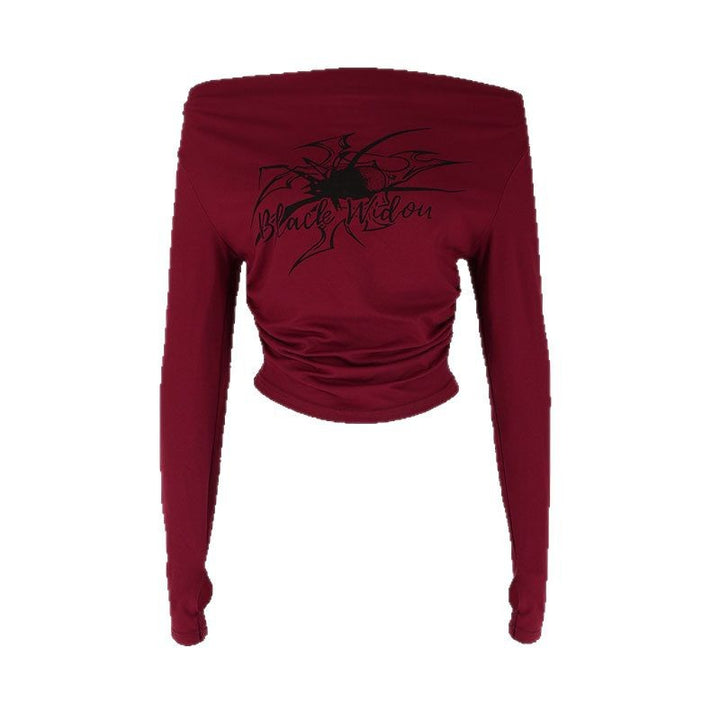 Damen cropped Langarmshirt mit Off-Shoulder Design und innovativem Batikdruck Drune