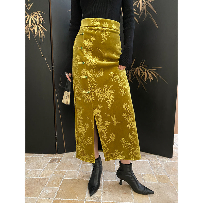 Damen Maxikleid mit floralem Samt-Design und elegantem Schlitz Drune